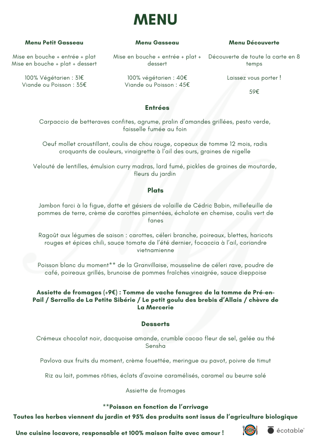 menu, carte la maison du gasseau séminaire entreprise restaurant